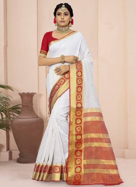 Red And White Colour Sangam Red Chilli Fancy Wear Cotton Heavy Designer Saree Collection 1557